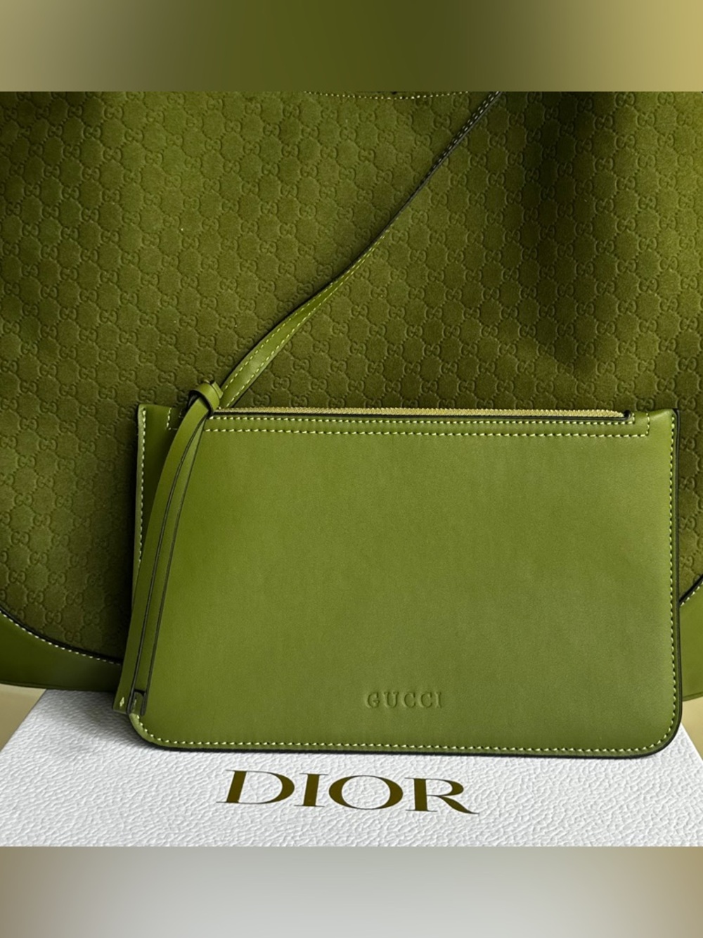 MEDIUM B Shoulder Bag w Pouchette-Moss Green Leather embossed letters - Picture 5 of 14